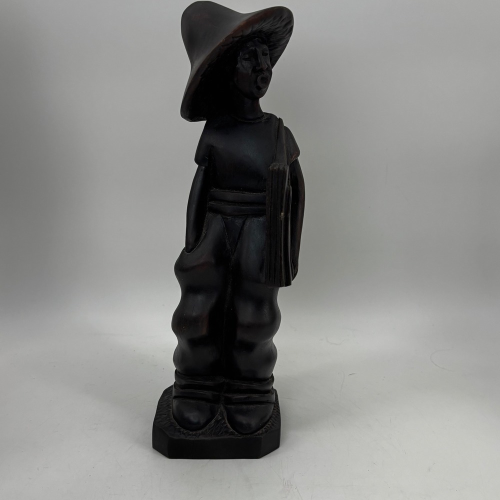 Vintage Hand Carved Dark Wood Man Statue Figure with Hat and Bag Folk Art